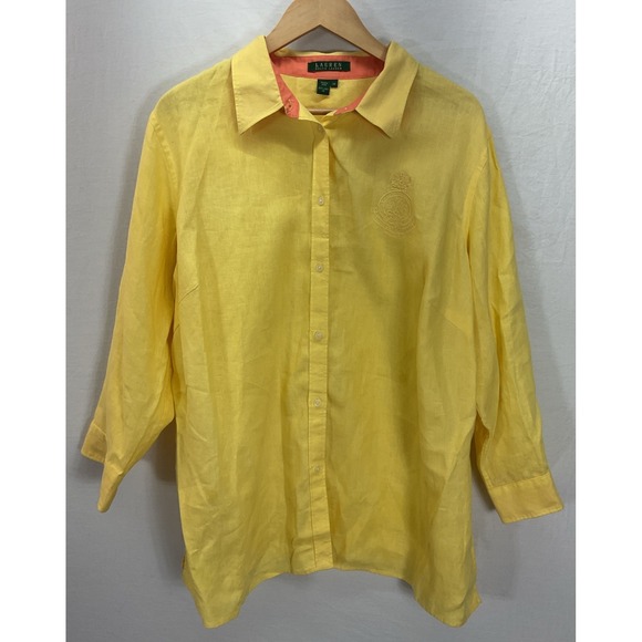 Lauren Ralph Lauren Tops - Lauren Ralph Lauren 2X Yellow Linen Button Up Shirt Crest‎ Logo Coral Trim Beach
